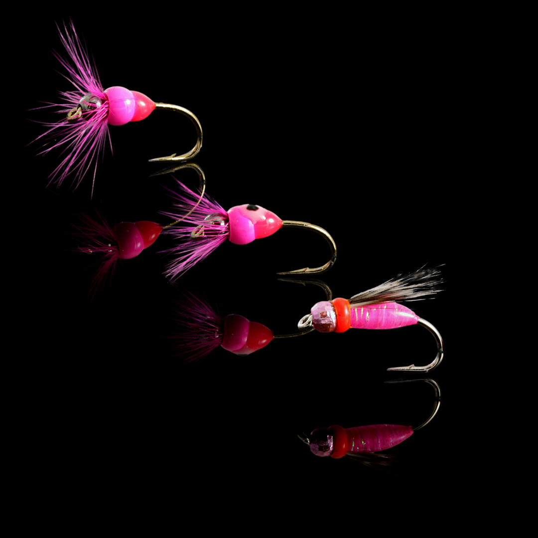 Rääpysjärvis rosa pimpelflugor för röding (3 st.)